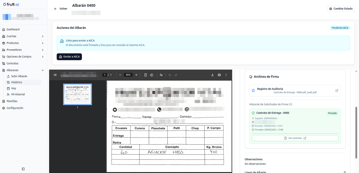 Captura de pantalla del análisis de albaranes con IA de frutt.ai
