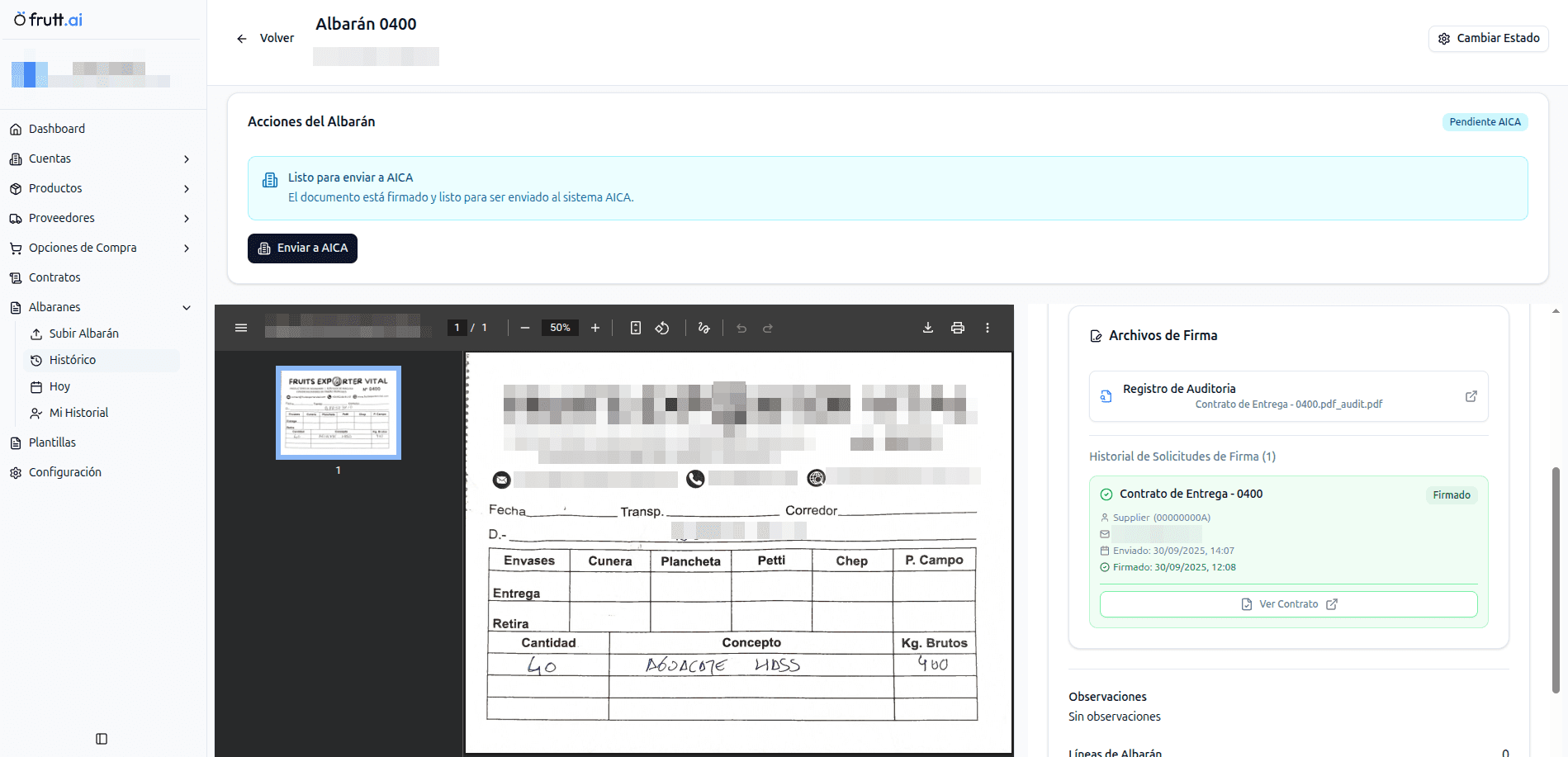 Captura de pantalla del panel de frutt.ai mostrando el análisis de albaranes con IA